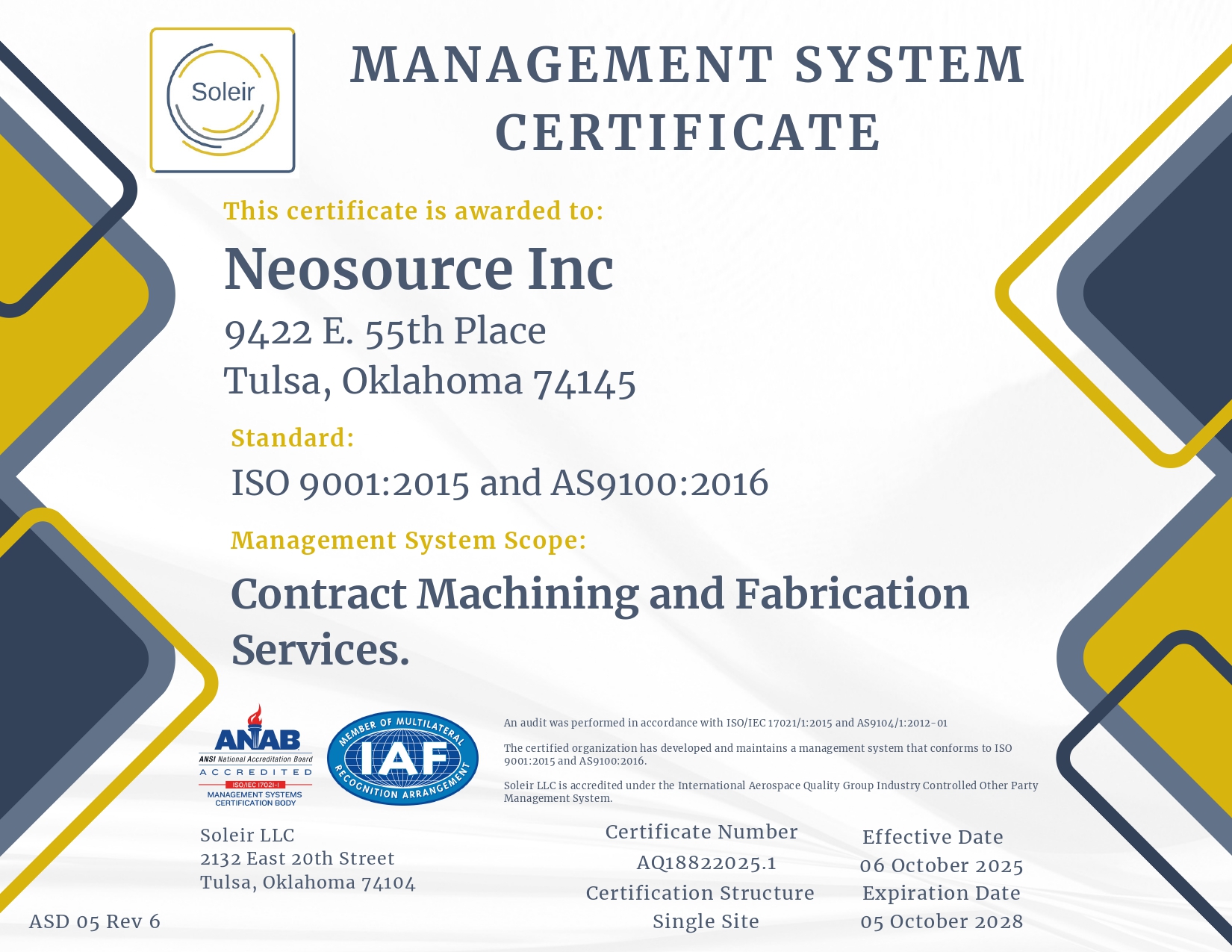Management System Certificate ISO 9001:2015 & AS9100:2016